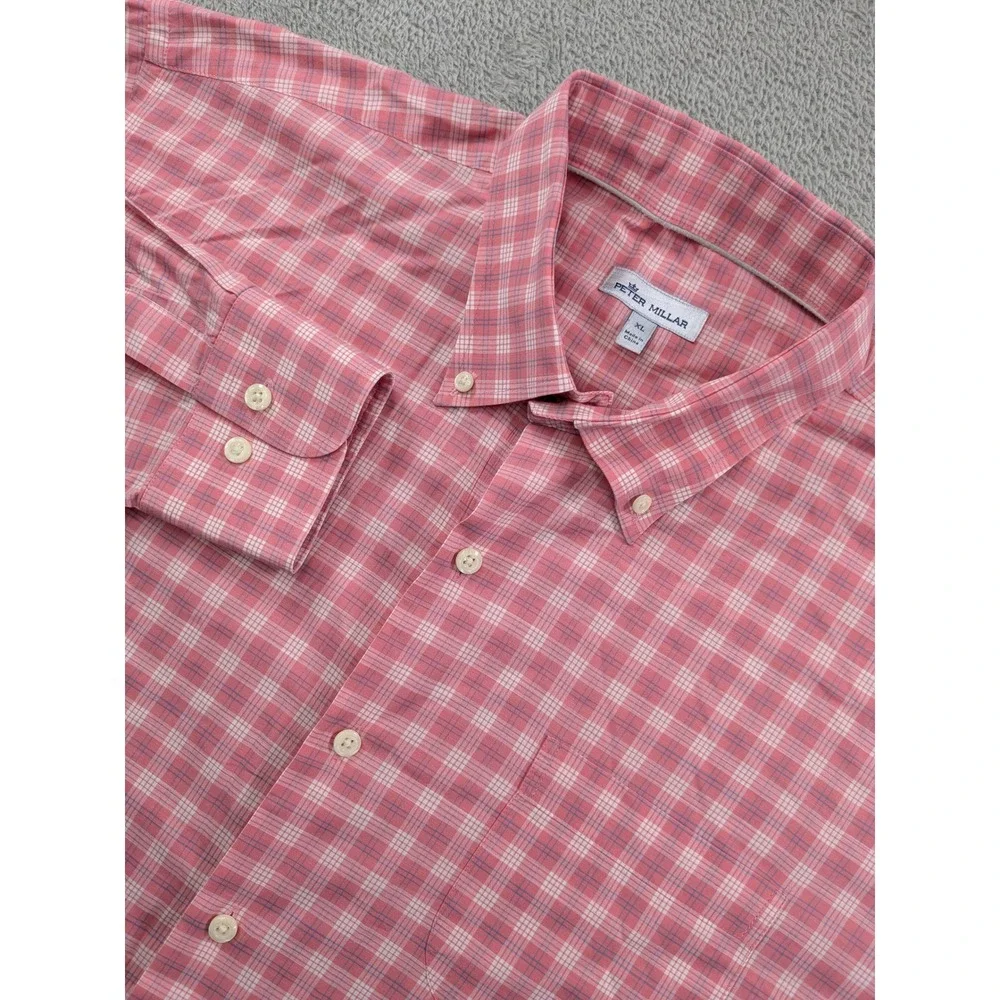 Peter Millar Mens XL Pink Plaid Cotton Stretch Button Down Shirt Long Sleeve